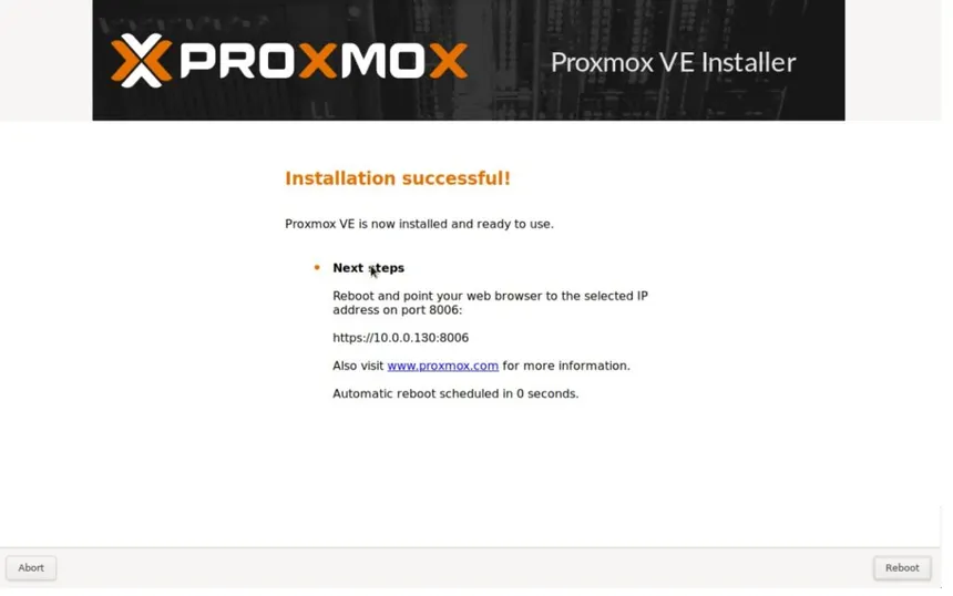 Fin de la instalacion de Proxmox VE